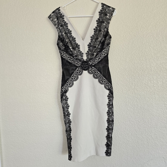 Catherine DeaneCap-Sleeve V-Neck Lace-Panel Sheath Dress, Oyster/Almond size 4 - Picture 3 of 12